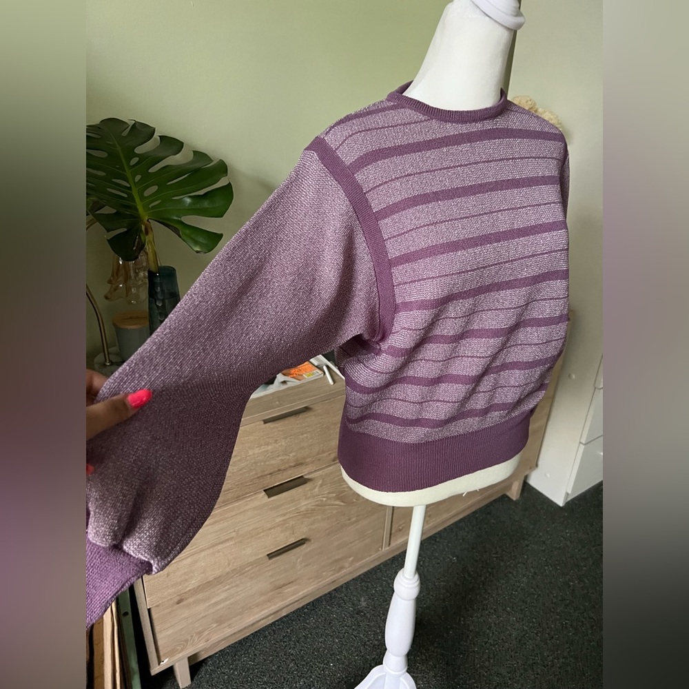 Vintage Pastel Purple Balloon Sleeve Striped Relaxed Fit Knit Modest Sweater M - Picture 5 of 16